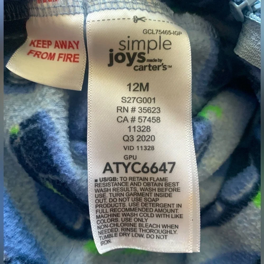 Carters Simple Joys Blue Green Striped Cars Fleece Onesie Footed Pajamas 12mos